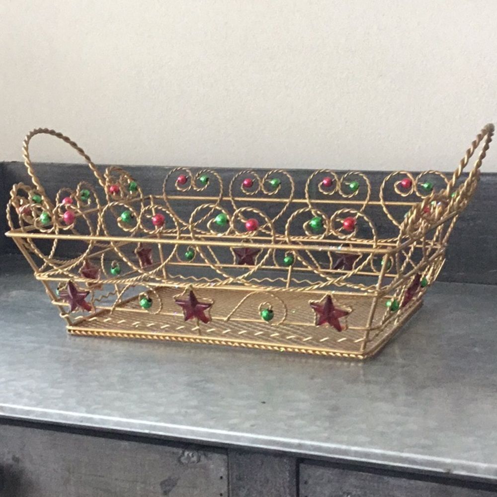 Christmas basket two handles gold look stars beads gift basket 12"